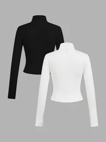 SHEIN EZwear 2件組女款純色拉鍊門襟長袖修身休閒T恤 - 彩色 - 查看 2