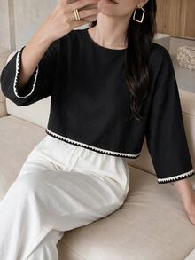 Mulvari Zen-Inspired Contrast Color 2 Pieces Set For Women: Square Neck Ruffle Wide Sleeve Crop Top + Elastic Waist Lantern Wide Leg Pants, Relaxed Blogger Style Loungewear Vacation Slouchy Outfit - Black and White - View 3
