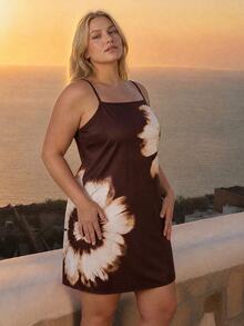 CAJUNI Short Dress With Floral Print, Summer Style, Elegant Plus Size. - Brown - View 5