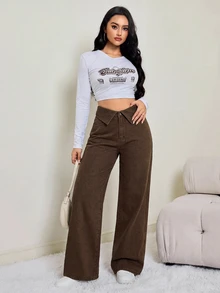 SHEIN Tall 女款折腰寬腿寬鬆休閒牛仔褲，適合女性教師穿搭 - 棕色 - 查看 5