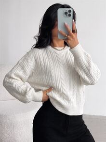 SHEIN 青少年女孩寬鬆休閒極簡舒適條紋套頭毛衣，百搭厚實保暖針織衫，適合秋冬穿著 - 白色 - 查看 1