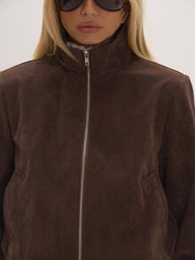 MUSEYN Brown Textured PU Funnel Neck Jacket Versatile Everyday Casual Fall - Coffee Brown - View 5