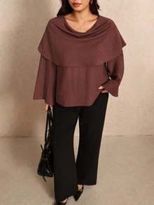 Elaquor Áo blouse thời trang casual tay loe màu trơn cho nữ size lớn - màu nâu - Xem 4
