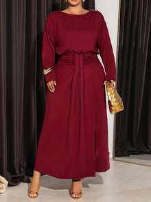 Firerie Purple-Red Autumn/Winter Waist-Cinching Flared High-Slit Long Sleeve Elegant Dress/Shoulder Metal Buckle Fall/Winter Elegant Wedding Guest Dress Women - Red Violet - View 7
