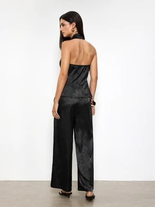 Maija Women's Jacquard Rhinestone Single-Breasted Halter Top And Long Pants Elegant Two Pieces Set,Going Out Outfits, Work Outfits For Women,Fall Clothes - Black - View 3