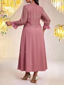 Fleurora Plus Size Women's Sequin Ruffle Cuff Open Front Jacket And Dress Elegant 2 Pieces Set - Dusty Pink - View 3