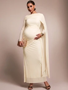 MaterniChic Maternity Elegant Dress With Metal Flower Decor, Ruched Waist And Flowing Ribbon Design - Apricot - View 8