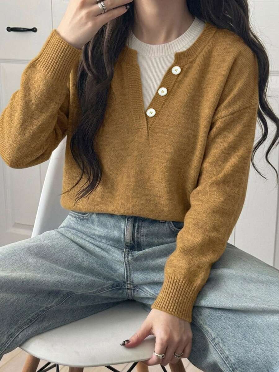 DAZY Slouchy Colorblock Henley Collar Top, 2 In 1 Soft Knit Sweater For Women - Yellow - View 1