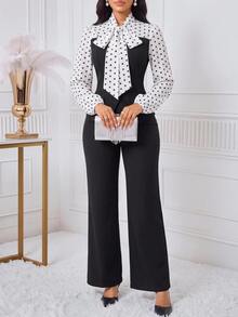 SHEIN Lady Women's Elegant 2 Pieces Set With Patchwork Polka Dot Pattern Tie Neck Blouse And Flare Pants - Black and White - View 6