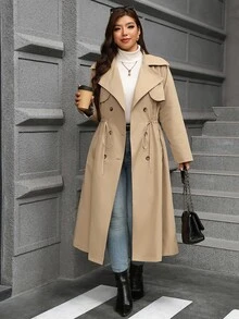 Reflora Plus Size Women's Drawstring Waist Casual Long Trench Coat Jacket, Autumn/Winter - Khaki - View 5