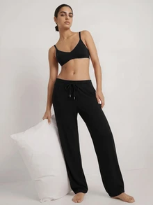 Ocili Studio Solid Color Cuffed Bottom Women's Loungewear Pants - Black - View 3