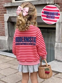 SHEIN 女童圓領粉色條紋正反面字母印花抓絨內裡衛衣 T-shirt - 彩色 - 查看 4