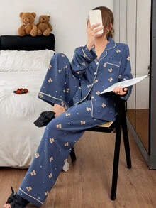 Napfluff 可愛卡通熊印花開襟領女款睡衣套裝 - 藍色 - 查看 5