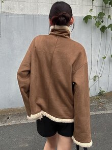 FRIFUL Women's Solid Color Single-Breasted Thermal-Lined Casual Loose Regular Fit Jacket - Brown - View 2