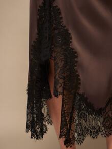SHEIN BAE CURVE Plus Size Women's Brown Satin Lace Patchwork Skirt - Brown - View 4
