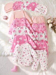 SHEIN Newborn Set Bow Baby Girl Top Spring Fall Knit Print Long Sleeve Lightweight Cuffed Butterfly Sweet Pants Outdoor Khaki Grey Sets Matching Sets - Pink - View 2