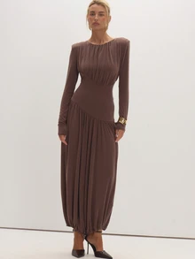 MUSEYN Chocolate Brown Shoulder Padded Fitted Waist Ruched Midaxi Dress - Coffee Brown - View 1