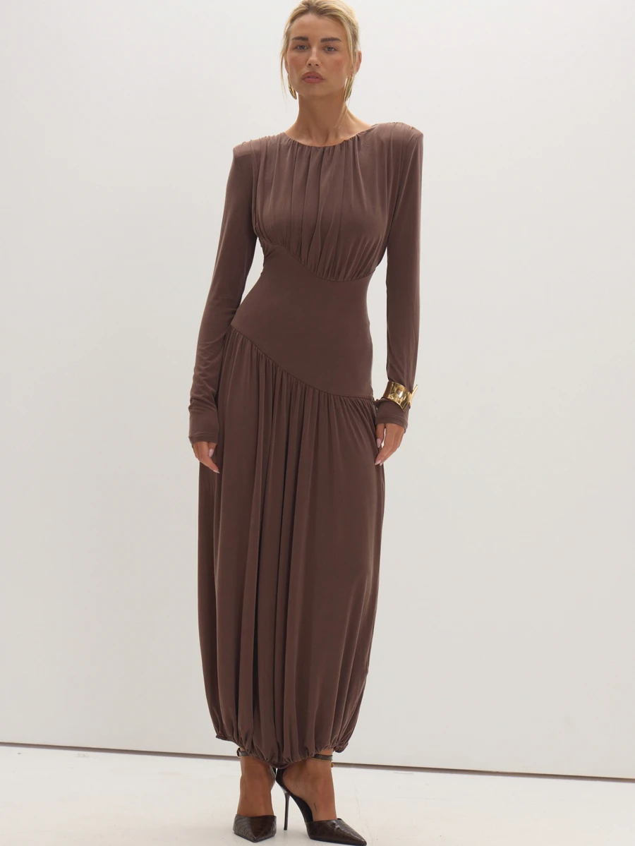 MUSEYN Chocolate Brown Shoulder Padded Fitted Waist Ruched Midaxi Dress - Coffee Brown - View 1