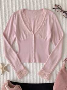 Comfortcana Women's Solid Color Contrast Lace Long Sleeve Knit Cardigan - Pink - View 8