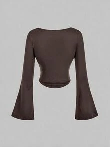 SHEIN MOD 4件組女款純色圓領喇叭袖百褶T恤 - 卡其色 - 查看 9
