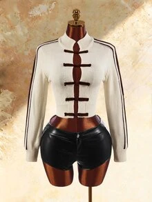 Amplova New Chinese Style Frog Button Knit Sweatshirt, Avant-Garde Sexy, Suitable For Autumn/Winter Outfits, Waist-Cinching Cropped Slim Fit, Contrast Color Placket, Suitable For Party And New Year Outfits - Apricot - View 6