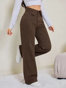 SHEIN Tall 女款折腰寬腿寬鬆休閒牛仔褲，適合女性教師穿搭 - 棕色 - 查看 2