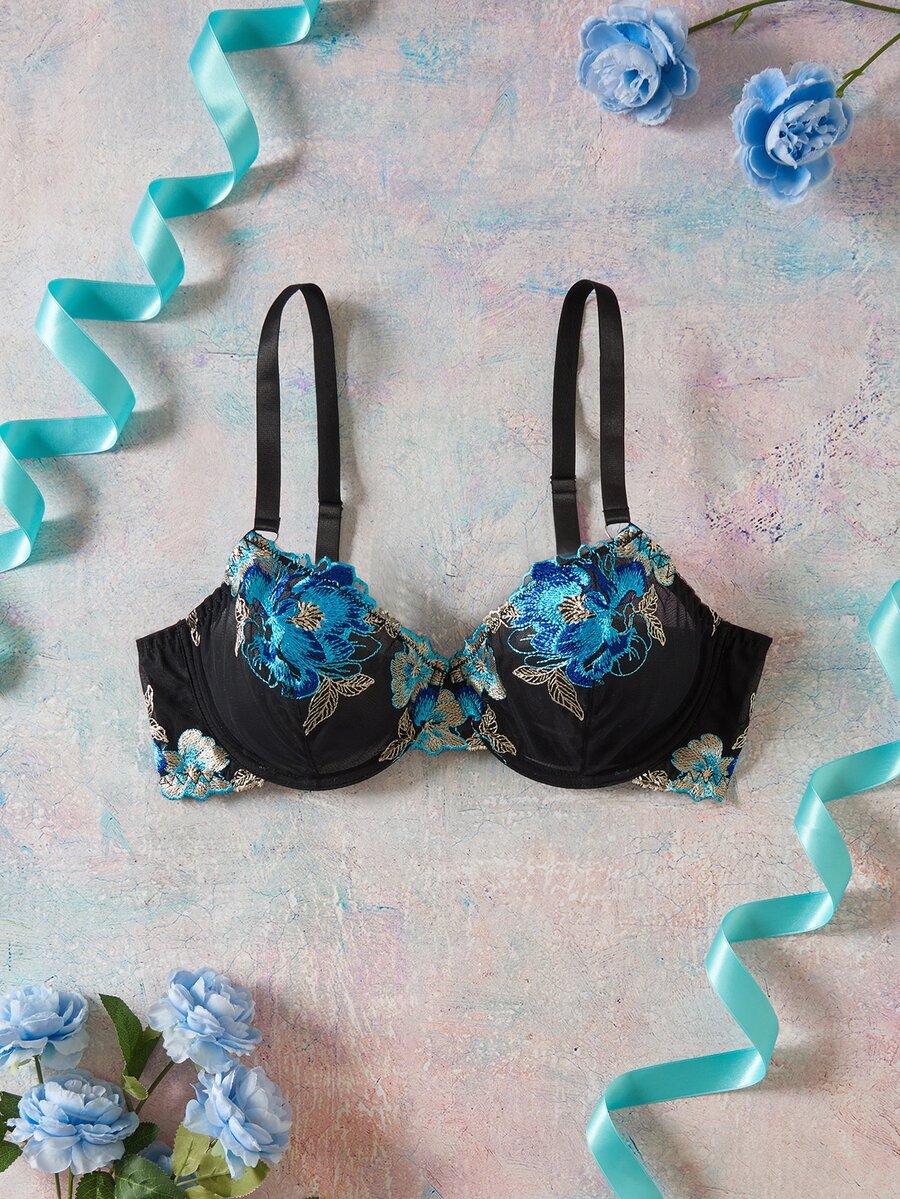 Elorette Embroidered Floral Blue & Black Contrast Color Non-Molded Cup Lightweight Underwire Lift-Up Romantic Pastoral Cup Detail Plus Size Bra & Wireless Bra - Black - View 1