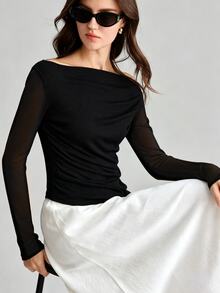 Ontre 2026 New Women's Long Sleeve T-Shirt, Slim Fit, Heather Gray, Knitted Fabric, Off-The-Shoulder/Off-Shoulder Convertible Design, Ruched Detail, Urban Modern Minimalist Elegant, Tea Party, Independence Day, Old Money Style, Teacher Outfit, Office Wear, Fashion Versatile Women's T-Shirt - Black - View 2