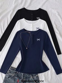 SHEIN Sparklyn Teen Girls Grey & Black Striped Collar Button Decor Lace Trim Design Long Sleeve Casual Versatile T-Shirt, Suitable For Spring & Autumn, Suitable For Daily Wear, Commuting, Travel, Gatherings - Navy Blue - View 4