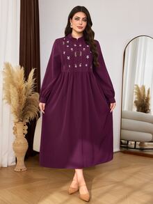 Lacomfia Embroidered Striped Random Pattern Dark Red Plus Size Dress, Elegant Fashionable Elegant Loose Long Length Long Sleeve Woven Non-Stretch - Burgundy - View 3
