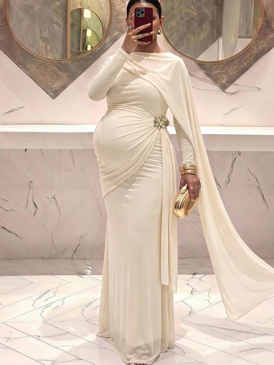 MaterniChic Maternity Elegant Dress With Metal Flower Decor, Ruched Waist And Flowing Ribbon Design - Apricot - View 1