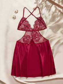 Charlaine Plus Size Sexy Lace Sheer Nightgown - Burgundy - View 2