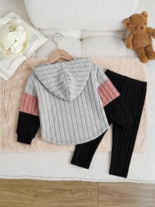 SHEIN Baby Girl Color Block Patchwork Loose Fleece Brushed Ribbed Elastic Fabric Hooded Pullover Top Basic Ribbed Leggings Suitable For Winter - Multicolor - View 2