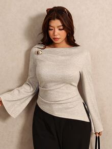 Elaquor Plus Size Women's Metal Decor Asymmetric Collar Bell Sleeve T-Shirt Elegant T-Shirt For Women Fall/Winter Elegant Office Teacher T-Shirt For Women - Apricot - View 6