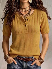 SHEIN 休閒寬鬆圓領短袖針織半鈕扣設計杏色女款春秋針織上衣 - 薑色 - 查看 1