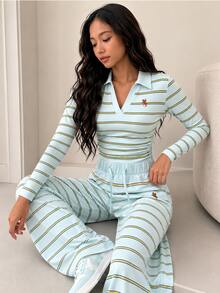 Girls' Casual Versatile All-Match Daily Slim Fit Short Pony Print Long Sleeve Knit T-Shirt Top + Elastic Straight Leg Striped Pants Set, Suitable For Daily Commute, School, Sports Wear - Blue - View 6