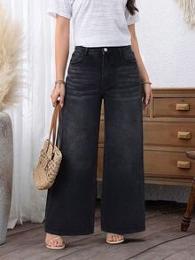 SHEIN PETITE 女款寬鬆休閒百搭牛仔寬腿褲，附口袋 - 黑色 - 查看 3
