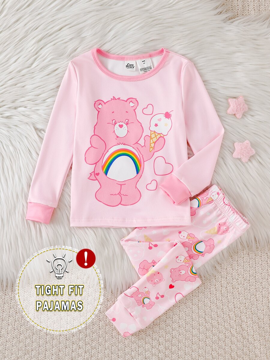 SHEIN X Care Bears GraphicGems 女童卡通圖案長袖上衣與長褲休閒日常居家睡衣套裝 - 粉色 - 查看 1