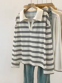 Écloséra Curve Elegant Vintage Striped Collared Knit Long Sleeve Plus Size T-Shirt - Black and White - View 5