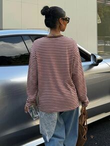 Muchica Casual Retro Y2K Style Pink & Brown Striped Loose Plus Size Long Sleeve T-Shirt, Versatile Design, Suitable For Music Festivals, Parties And Summer Daily Wear - Multicolor - View 2