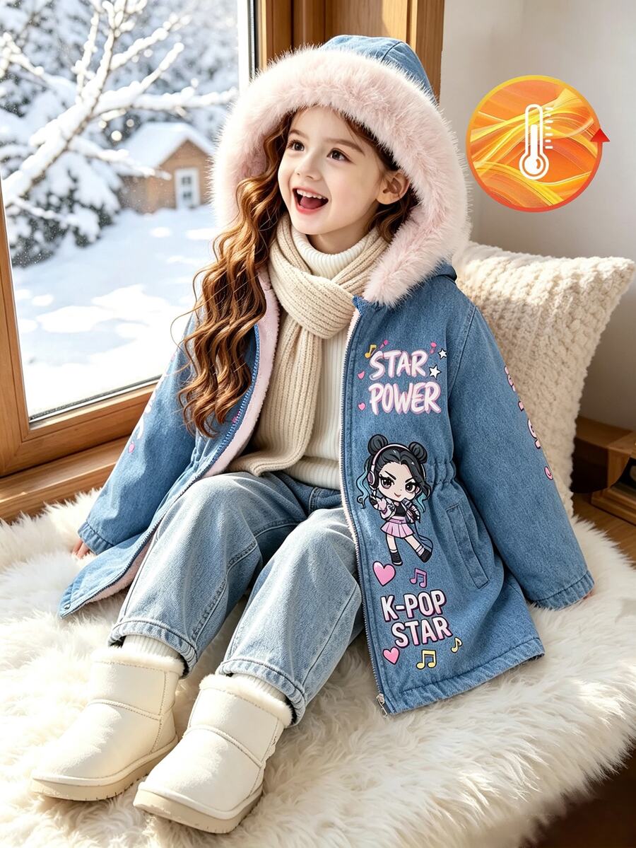 Girls' Winter Not Denim Effect Mid-Length Padded Coat, Cartoon Print, Thermal Lined Thick Hooded Jacket With Large Fur Collar