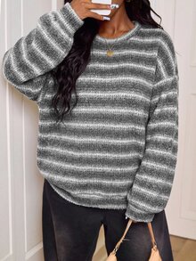 SHEIN PETITE CURVE 大尺碼圓領條紋秋季休閒傳統 Y2K 90年代機場辦公度假 T-shirt - 灰色 - 查看 6