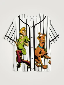 SCOOBY-DOO X SHEIN 男士條紋卡通印花圓領短袖休閒T恤 - 白色 - 查看 3
