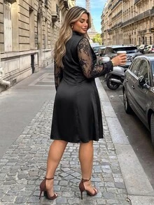 Vionelle Plus Size Lace Mesh Patchwork Pleated Hem Shirt Dress, Solid Color Round Neck Long Sleeve Modern Fashion Party Dress Fall - Black - View 3