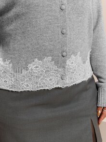 CovetEZ Autumn/Winter Lace Patchwork Contrast Color Round Neck Casual Plus Size Cardigan - Yellow - View 8