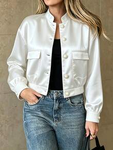 SHEIN Raffinéa Jaket Wanita Lengan Panjang Kerah Tegak dengan Hiasan Kancing Mutiara Warna Polos, Musim Semi/Gugur - Putih - View 3
