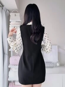 FRIFUL Women's Autumn Patchwork Polka Dot Collar Bowknot Waist Short Dress - Black - View 2