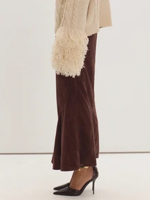 MUSEYN Brown Suede Lace Detail Maxi Skirt Fall Everyday Casual Timeless New Season - Dark Green - View 3