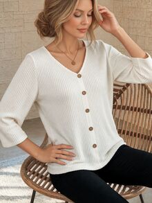 EMERY ROSE Women's Solid Color V-Neck Button Design 3/4 Sleeve Casual T-Shirt - White - View 5