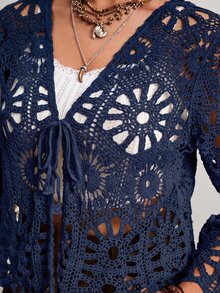 Freevana Plus Size Women's Front Tie Vacation Knit Hollow Out Cardigan - Navy Blue - View 2